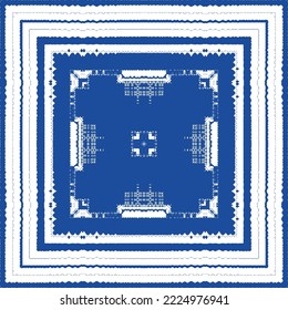 Portuguese ornamental azulejo ceramic. Vector seamless pattern flyer. Minimal design. Blue vintage backdrop for wallpaper, web background, towels, print, surface texture, pillows.