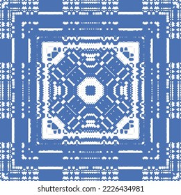 Portuguese ornamental azulejo ceramic. Vector seamless pattern flyer. Minimal design. Blue vintage backdrop for wallpaper, web background, towels, print, surface texture, pillows.