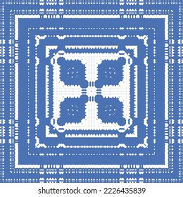 Portuguese ornamental azulejo ceramic. Vector seamless pattern flyer. Minimal design. Blue vintage backdrop for wallpaper, web background, towels, print, surface texture, pillows.
