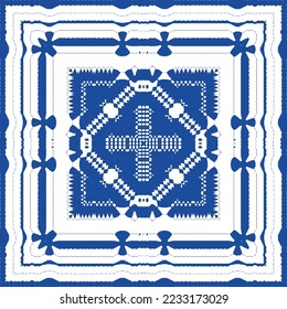 Portuguese ornamental azulejo ceramic. Vector seamless pattern flyer. Minimal design. Blue vintage backdrop for wallpaper, web background, towels, print, surface texture, pillows.