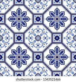 Portuguese pattern. Azulejos portugal. Turkish ornament. Moroccan tile mosaic. Ceramic tableware, folk print. Spanish pottery. Ethnic background. Mediterranean seamless wallpaper.