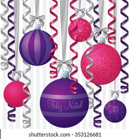 Portuguese pink and purple ribbon and bauble inspired Merry Christmas card in vector format.