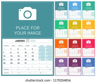 Portuguese planning calendar for year 2019, week starts on Monday, colorful calendar template with place for your image, set of 12 months January - December, vector illustration