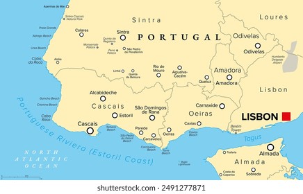 Portuguese Riviera or Estoril Coast, political map. The affluent coastal region to the west of Lisbon, Portugal, centered on the coastal municipalities of Cascais including Estoril, Oeiras and Sintra.