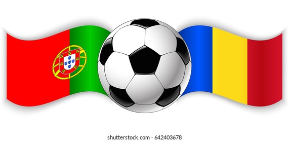 Portuguese and Romanian wavy flags with football ball. Portugal combined with Romania isolated on white. Football match or international sport competition concept.