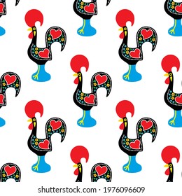 Portuguese Rooster of Barcelos folk art vector seamless pattern, Galo de Barcelos wallpaper or textile, fabric print design. Traditional cockerel decorative background from Portugal