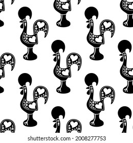 Portuguese Rooster of Barcelos folk art vector seamless pattern, bird textile, fabric print design in black and white. Traditional cockerel decorative background from Portugal, repetitive ornament 