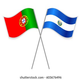 Portuguese and Salvadoran crossed flags. Portugal combined with El Salvador isolated on white. Language learning, international business or travel concept.