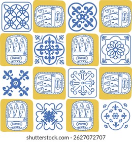 Portuguese sardine and tile pattern. Cute seamless geometric print. Hand drawn fish and Mediterranean food. Perfect for wallpaper, textile and background.