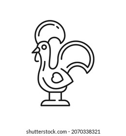 Portuguese souvenir Barcelos rooster traditional symbol of Portugal isolated thin line icon. Vector outline rooster galo de barcelos, kids toys cockerel cock. Medieval gift bird with cock and tail