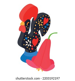 Portuguese souvenir icon isometric vector. Ceramic rooster and madera flower. National symbol of portugal