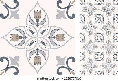 Portuguese and Spain decor. Ceramic tile. Seamless Azulejo tile. Vector hand drawn illustration, typical portuguese and spanish tile