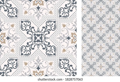 Portuguese and Spain decor. Ceramic tile. Seamless Azulejo tile. Vector hand drawn illustration, typical portuguese and spanish tile