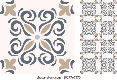 Portuguese and Spain decor. Ceramic tile. Seamless Azulejo tile. Vector hand drawn illustration, typical portuguese and spanish tile