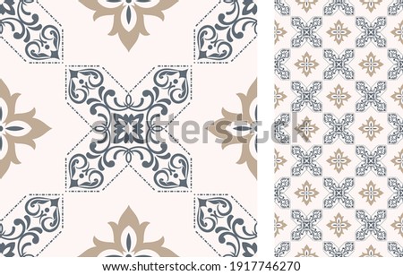 Portuguese and Spain decor. Ceramic tile. Seamless Azulejo tile. Vector hand drawn illustration, typical portuguese and spanish tile