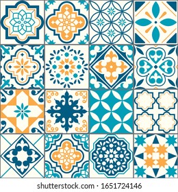 Portuguese or Spanish Azujelo vector seamless tiles design - Lisbon retro truquoise and yellow pattern, tile big collection. Ornamental textile background inspired by Spanish and Portuguese art