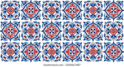 Portuguese and Spanish azulejo tile seamless vector pattern in blue and red color, large set of traditional floral design