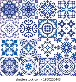 Portuguese and Spanish azulejo tiles seamless vector pattern collection in navy blue and white, traditional floral design big set inspired by tile art from Portugal and Spain.