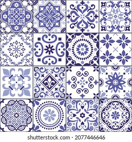 Portuguese and Spanish azulejo tiles seamless vector pattern collection in purple and white, traditional floral design big set inspired by tile art from Portugal and Spain. Elegant retro wallpaper