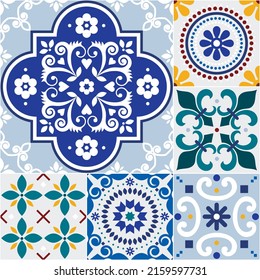 Portuguese and Spanish azulejo tiles seamless vector mosaic pattern set, retro floral design collection inspired by tile art from Portugal and Spain - different size