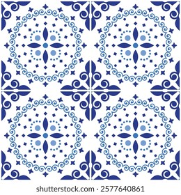 Portuguese and Spanish inspired Azulejo tile seamless vector pattern in navy blue - perfect for textile and fabric print