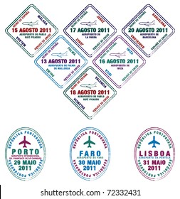 Portuguese and Spanish Passport stamps in vector.