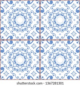 Portuguese or Spanish retro tile Azulejos vector seamless design, geometric background - textile or wallpaper repetitive pattern. Traditional ornament with abstract shapes inspired by tile art 