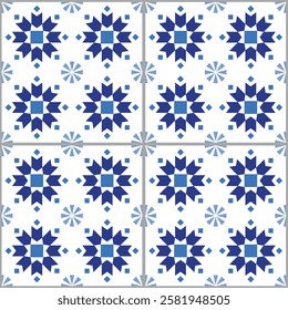 Portuguese and Spanish style Azulejo tile design - navy blue vector seamless pattern
