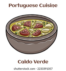 Portuguese style soup called Caldo Verde, bread, Cabbage, oil, garlic and chorizo sausage