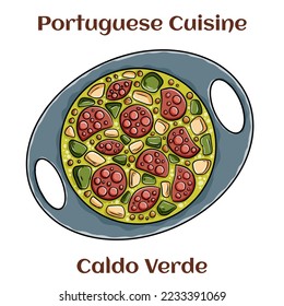 Portuguese style soup called Caldo Verde, bread, Cabbage, oil, garlic and chorizo sausage