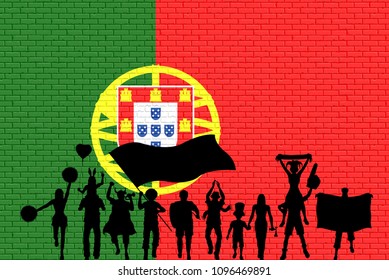 Portuguese supporter in front of brick wall. All the objects, silhouettes and the brick wall are in different layers. 