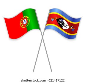 Portuguese and Swazi crossed flags. Portugal combined with Swaziland isolated on white. Language learning, international business or travel concept.