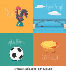 Portuguese symbol Barcelos rooster, football, bridge Dom Luis vector illustrations. Visit Portugal concept design elements or cliparts