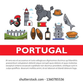 Portuguese symbols travel to Portugal architecture and cuisine animal and footwear vector Water Dog breed and sardine fish pastry and Madeira wine brick bridge clay rooster with ornament lighthouse.