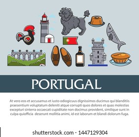 Portuguese symbols travel to Portugal architecture and cuisine animal and footwear vector Portuguese Water Dog and fish pastry and Madeira wine brick bridge clay rooster with ornament lighthouse.