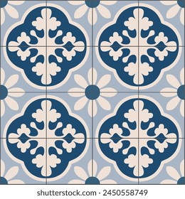 Portuguese tile in beige and blue. Ceramic Tiles. Hydraulic Portuguese ceramic design. 