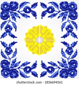 Portuguese tile. Blue and yellow floral with white background. Casa da Frontaria Azulejada, Santos - Brazil. Vector file.