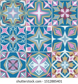Portuguese tile colorful seamless background. Azulejo style geometric repeatable ornament. Fancy mosaic backdrop. Vector illustration.