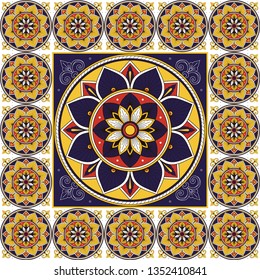 Portuguese tile pattern floor vector with mosaic flower print. Big element in center with frame. Ceramic background with portugal azulejos, mexican talavera, italian sicily majolica, venetian motifs.