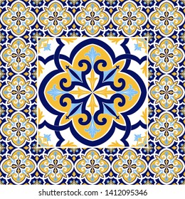 Portuguese tile pattern floor vector with vintage flowers print. Big ceramic element in center with frame. Mosaic background with portugal azulejos, mexican talavera, sicily, spanish majolica motifs.
