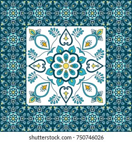 Portuguese tile pattern floor vector with ceramic print. Big element in center is framed. Background with portugal azulejo, mexican talavera, spanish, italian majolica, moroccan motifs.