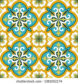 Portuguese tile pattern seamless vector with vintage ornaments. Portugal azulejos, mexican talavera, italian sicily majolica, spanish design. Ceramic background for kitchen wallpaper or flooring.