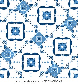 Portuguese tile pattern seamless vector. Spanish azulejos, mexican talavera, italian sicily majolica, blue delft dutch ceramic. Parquet mosaic texture for kitchen or bathroom.