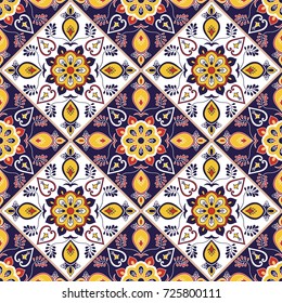 Portuguese Tile Pattern Seamless Vector With Flower Ornaments. Portugal Azulejo, Mexican Talavera, Italian Or Spanish Majolica Motif. Tiled Texture For Kitchen Tablecloth Or Bathroom Flooring Ceramic.