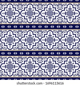 Portuguese tile pattern vector border seamless with blue and white ornaments. Italian majolica, portugal azulejo, arabesque, mexican talavera and spanish ceramic. Background for kitchen or bathroom.