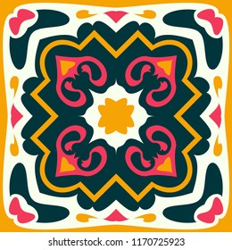 Portuguese tile pattern vector with floral ornaments motifs. Portugal azulejo, mexican talavera, spanish, italian majolica or moroccan ceramic texture for house bathroom wall or kitchen flooring.
