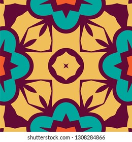 Portuguese tile pattern vector with geometrical abstract motifs. Portugal azulejo, mexican talavera, spanish, italian majolica or moroccan ceramic texture for house bathroom wall or kitchen flooring.