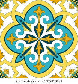 Portuguese tile pattern vector with old ornaments motifs. Portugal azulejos print. Mexican talavera, spanish ceramic, italian sicily majolica. Mosaic texture for bathroom floor or kitchen wallpaper.