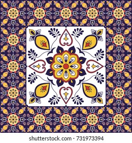 Portuguese tile pattern vector with ornament ceramic texture. Big element in center is framed. Background with porcelain azulejo, mexican talavera, spanish, italian majolica, moroccan motifs.