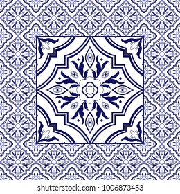 Portuguese tile pattern vector ornaments. Flower big texture element in center with frame. Portugal azulejo, mexican talavera, spanish ceramic, italian majolica, chinese porcelain or delft dutch. 